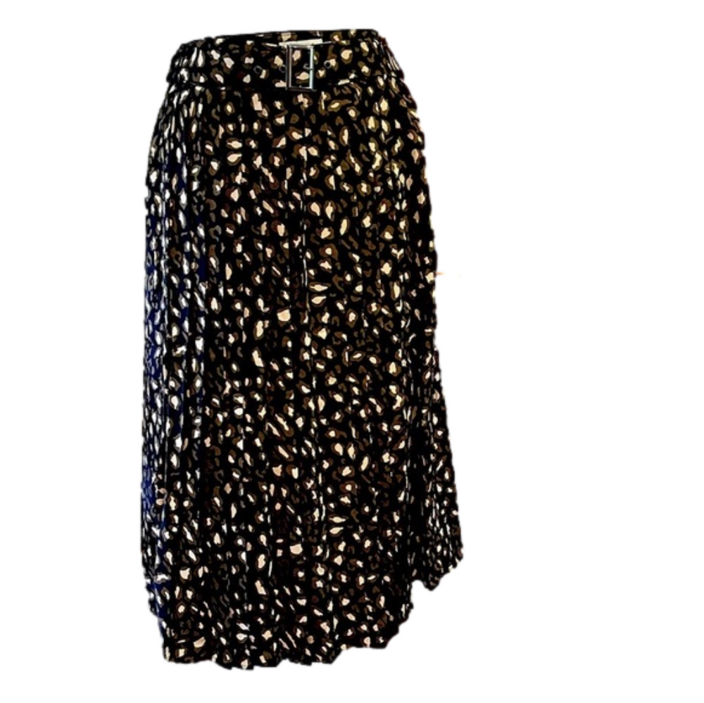 Molly Bracken M black/cream and tan lined pleated midi skirt with matching belt